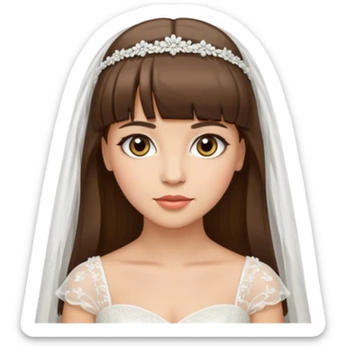 bride emoji with light skin, hazel eyes, brunette straight hair with bangs, wearing a wedding dress sticker
