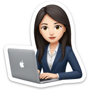 Sales women specialist in shipping with dark long hair with suits and MacBook  sticker