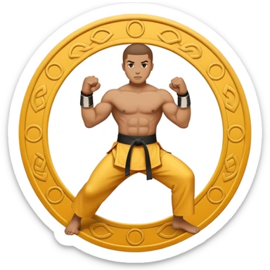 An emblem-style emoji symbolizing striking martial arts. The design features a stylized fighter in a dynamic stance, delivering a powerful punch, surrounded by a circular border with traditional elements like fists and combat symbols. Bold, clean lines with contrasting colors. sticker