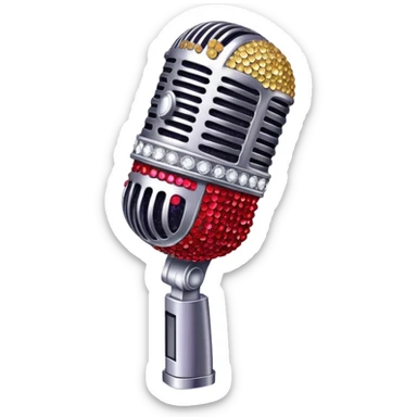 Create a glamorous and vibrant emoji representing stage vocal performance. The design should feature a humanless collage of classic vintage microphone, stage costume covered in rhinestones, sparkling brightly. The costume should be stylized, with glittering elements like sequins and sparkles, and reflect the glitzy, extravagant nature of show business. The microphone should have a sleek, retro look with chrome or metallic accents. Use rich, dazzling colors like gold, silver, deep purple, and bright red to evoke the glamorous, larger-than-life feel of a stage performance. The background should be transparent. sticker