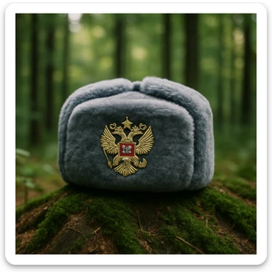 Russian ushanka hat with the emblem of Russia in a forest background sticker