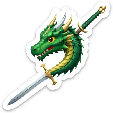 green dragon head with sharp features, medieval sword with ornate hilt and wide blade above, simple clear, transparent background sticker