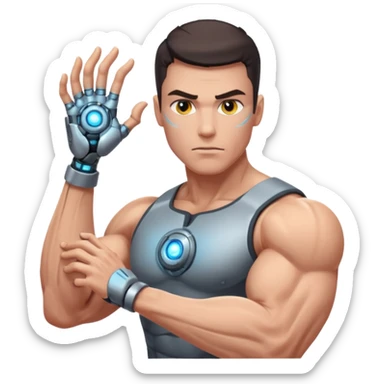 a muscular man with cybernetic arm and glowing eye sticker