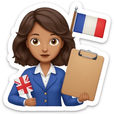 wavy dark brown hair, no glasses, fox dark eyes, with a little file in the hand, being a teacher with a board in the background with a french flag, sticker