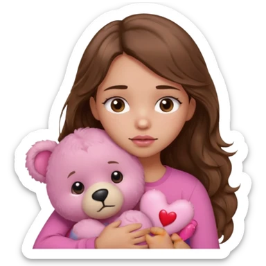 girl with long wavy brown hair, brown eyes, light to medium complexion, in a pink shirt, pink lips, long lashes, sad, hugging squeezing  a teddy bear with hearts sticker