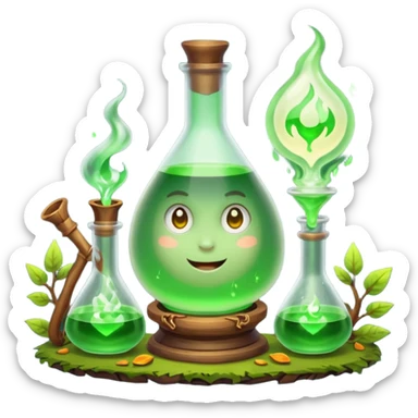forest alchemist mixing two wrong potions → perfect glow sticker