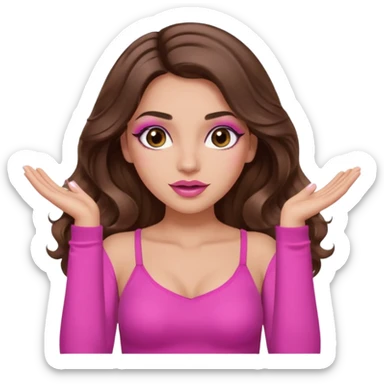 girl with long wavy brown hair, brown eyes, long lashes makeup, sexy pink lips, light to medium complexion, pink sexy top, two hands up, shrugging sticker