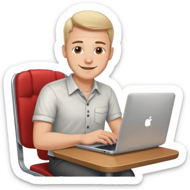 Rich man working setting on a chair in shirt and near the table with laptop he is german very beautiful looks like sticker