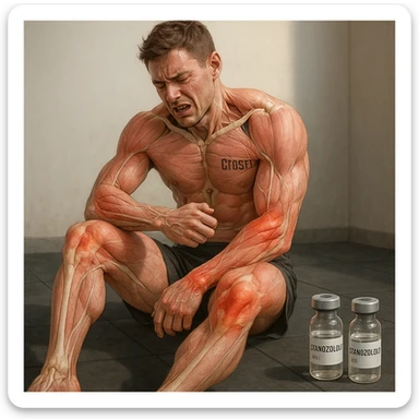 realistic anatomical image of a crossfit athlete showing widespread joint problems in shoulders, elbows, knees, wrists, with visible muscles and joints, painful expression, vials labeled 'Stanozololo' nearby, natural light, neutral background sticker