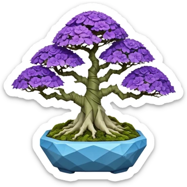 Futuristic wild glowing et alien moss maples Bonsai hair-fine-leaf group crystal boxwood purple and cream rose blue informal rocky cliffhanger eight trees forest planting in shallow origami slab style pot with big anthropomorphic feet  sticker
