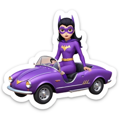  proportionally correct, real-appearance racing BatGirl’s feminine midnight-purple tight outfit sixty’s tv show 2032 stealth retro cat burglar sporty petite off-road pursuit hovering black hover cruiser car rose gold accents (black hair,reclined and relaxed seating position and attitude) desert sticker