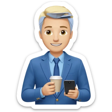 Confident and outgoing male entrepreneur, Caucasian features, blonde hair, big friendly smile, expressive eyes, defined eyebrows, wearing a blue blazer over a light blue shirt, holding a smartphone in one hand and a coffee cup in the other, waist-up, front-facing sticker