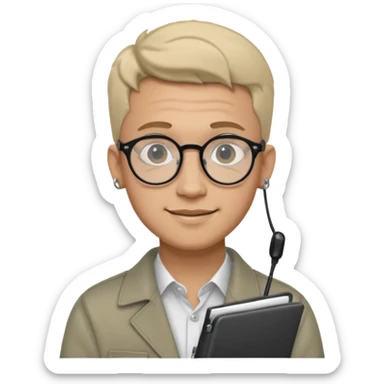 A man in his 20s wearing an apnotebook, wearing radio earrings, round glasses, achromatic clothes sticker