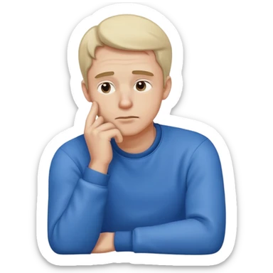 A male character in blue clothing, with a thoughtful expression and hand resting on his chin, symbolizing deep thinking.  sticker