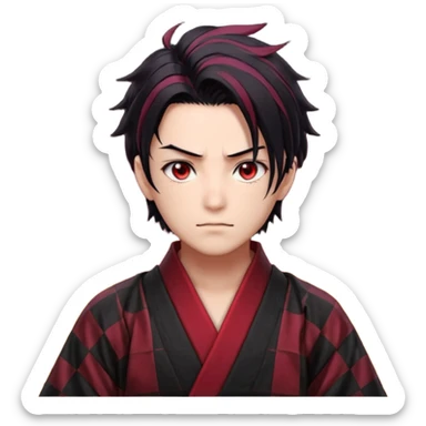 “Tanjiro Kamado, burgundy eyes, black hair with red tips, ember-textured scar, checkered haori, ultra-detailed anime realism, sharp strands, glowing highlights, 8k cinematic look.” sticker