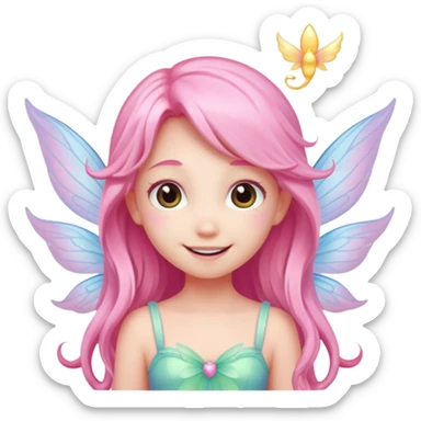 A tiny pastel fairy with pink long hair with glowing wings and a sweet smile  sticker