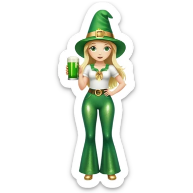 Blonde haired girl in glittery green bell bottoms and tall leprechaun hat holding a green beer sticker