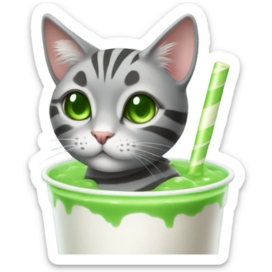 A striped grey cat with green eyes drinking boba sticker