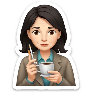 Art teacher with dark hair , wrinkles , sunken cheeks and a cup of coffee and cigarettes in her hands sticker