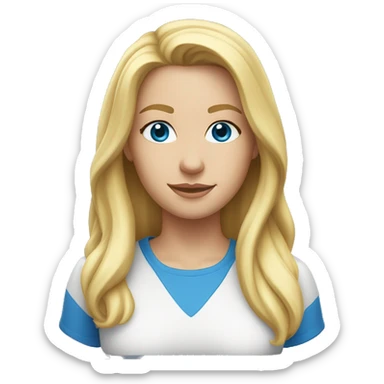 A head and shoulders shot of a 32 year old Caucasian woman, with long blonde hair,   with blue eyes wearing a t-shirt. sticker