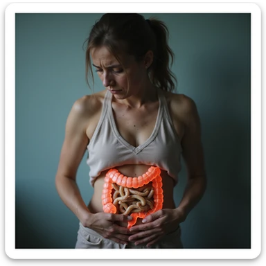 hyperrealistic 4K image of a visibly debilitated woman with intestinal parasitosis, holding her belly with hands, tired and suffering face, medical environment, translucent anatomical illustration with intestine infested by worms sticker
