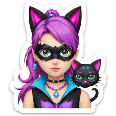 Girl with green eyes, wearing a bat mask with pink stones, and her hair tied in a ponytail, the hair is purple, blue, and pink streaks, with black cat ears with pink stones, wearing a black shirt that covers the neck, and a sleeveless blue jacket, and a necklace of pink stones sticker