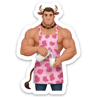 extra large muscular handsome man in the collar with bull horns and and bull ears bull tail dressed in cute apron with pink cow print pouring milk from a glass sticker