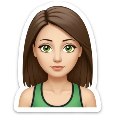 43 year old Adult woman avatar, light skin tone, long, oval face, long straight ashy brown hair, green almond-shaped eyes with dramatic eyelashes and minimal eyeliner, neutral mouth, medium straight eyebrows, average nose, smooth skin, high-neck tank top  sticker