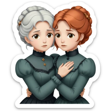 Two Victorian women in a sad intimate hug, one with white coiffed hair and one with copper coiffed hair, both with grey eyes, wearing Victorian turtleneck dresses sticker