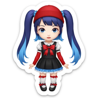 Chibi kawaii girl, violet eyes, black-blue twin tails, red ribbons, red beanie, black & white lolita dress with red accents, white thigh-highs, black mary janes, cute aesthetic. sticker