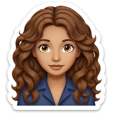 She has long, brown hair styled in soft wavy curls with a middle part. She has well-shaped eyebrows and dark brown eyes. She is wearing light makeup that highlights her natural beauty and is offering a slight smile to the camera.  sticker