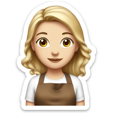 white girl in brown apron with gift sticker