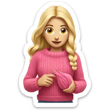 Blonde girl knitting with pink sweater knitting a hat sticker