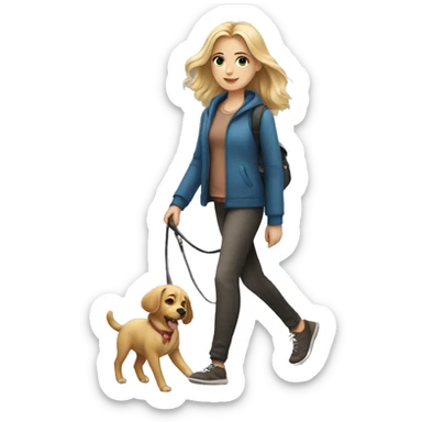 A blonde girl is walking with a dog sticker