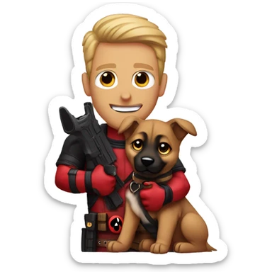 Deadpool holding a German shepherd puppy sticker
