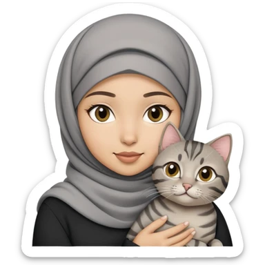 Hijab girl holding a black grey tabby cat sticker