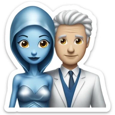 alien woman in silver dress hugs white man in blue dress sticker