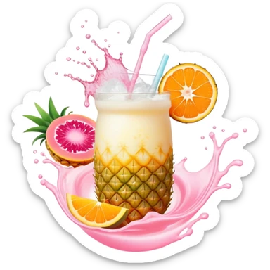 Golden pineapple, orange mango slices, pink papaya pieces, and a swirling white kefir drink floating around a glowing stomach. Light streams flow through the digestive system, showing enzymatic action dissolving blockages. sticker