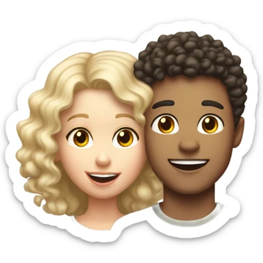 Dark curly haired shorter girl with taller white blond boy smiling with tongue out couple photo sticker
