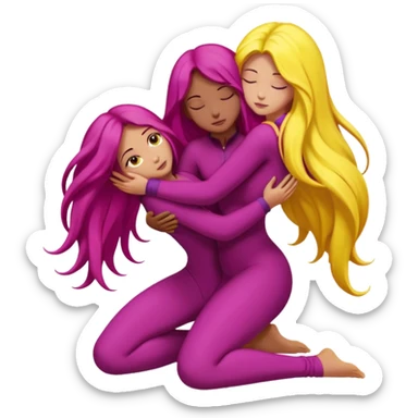 One figure is dark magenta and is kneeling.
	•	The other figure is yellow with long hair and is being held, with their arms around the magenta figure’s neck.
	•	The yellow figure’s legs wrap around the magenta figure’s waist, suggesting a close, intimate embrace. sticker