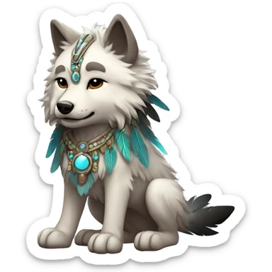 Fluffy Shy Chibi Spiritual Shamanic Wolf With Shiny Tribal Markings wearing feathers Full Body sticker