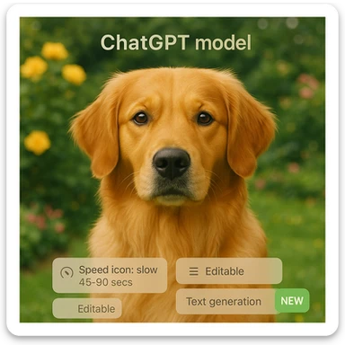 Move the 'ChatGPT model' title to the top and the other tags ('Speed icon: slow 45-90 secs', 'Editable', 'Text generation', 'New') to the bottom. Set the background as a golden retriever in a garden, seamless website style. sticker