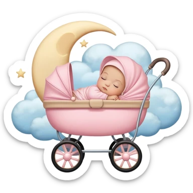 sleeping baby in pink and beige stroller with crescent moon and stars above with pastel blue clouds sticker