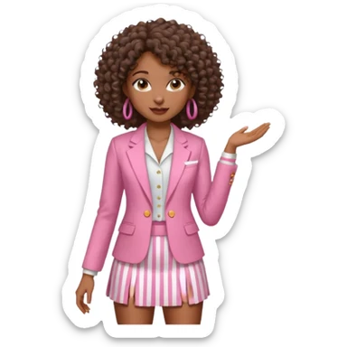 African American curly haired woman with In a pink and white pin stripe blazer short skirt set  sticker
