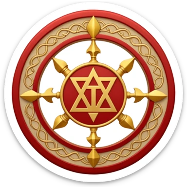 a circular casting sigil inspired by the wizard101 balance school using base color sand and trim color red. A golden scale in the middle as a focus  sticker
