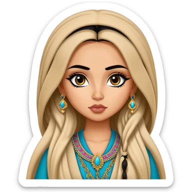 Afghan nose, pretty lips, afghan clothes, medium skin,  long hair, pretty bratz baddie, black eyeliner sticker