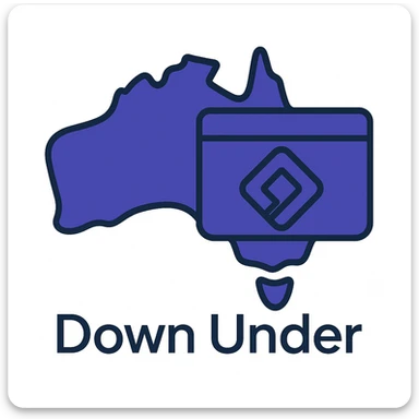 Add the wording 'Down Under' in a clean, modern font below the map of Australia with the official Microsoft Power Pages icon overlay. Use #403DAD as the main color, no digital web overlay sticker