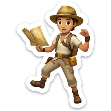 An icon featuring an adventurer in a dynamic action pose, with treasure maps, ancient ruins, and jungle landscapes in the background. The design includes clues, hidden passages, and climbing gear, symbolizing the thrill of exploration and discovery. Transparent background. sticker