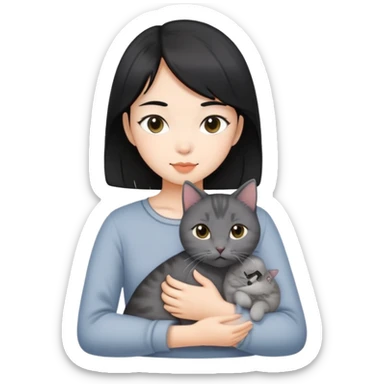 Black hair Asian girl with a grey domestic short hair cat sticker