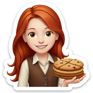 white girl scout with red long hair selling cookies with a brown vest and white shirt under vest. She should be around 10 years old sticker